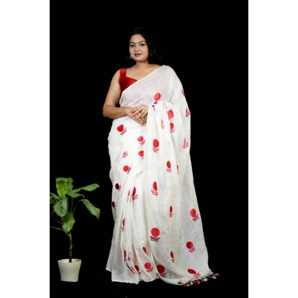 Isadora Life Womens Printed Tassels White Pre-Draped Saree with Unstitched Blouse