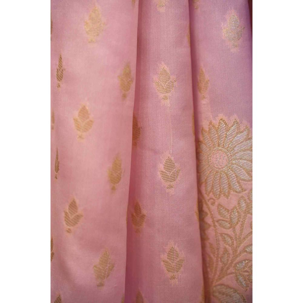 Isadora Life Womens Woven Zari Pink Pre-Draped Saree with Unstitched Blouse