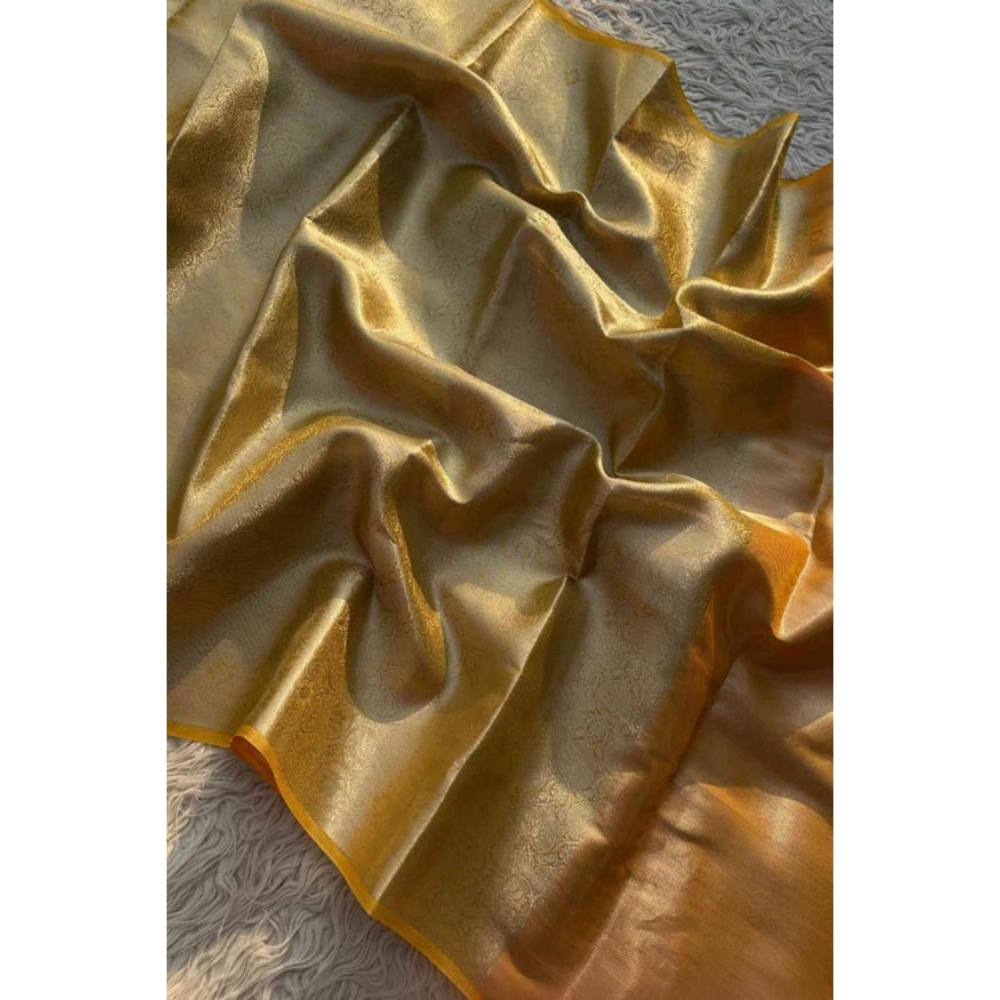 Isadora Life Womens Woven Zari Yellow Pre-Draped Saree with Unstitched Blouse