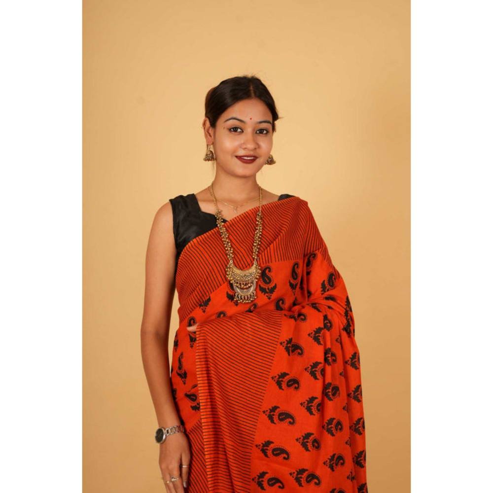 Isadora Life Womens Paisley Printed Orange Pre-Draped Saree with Unstitched Blouse