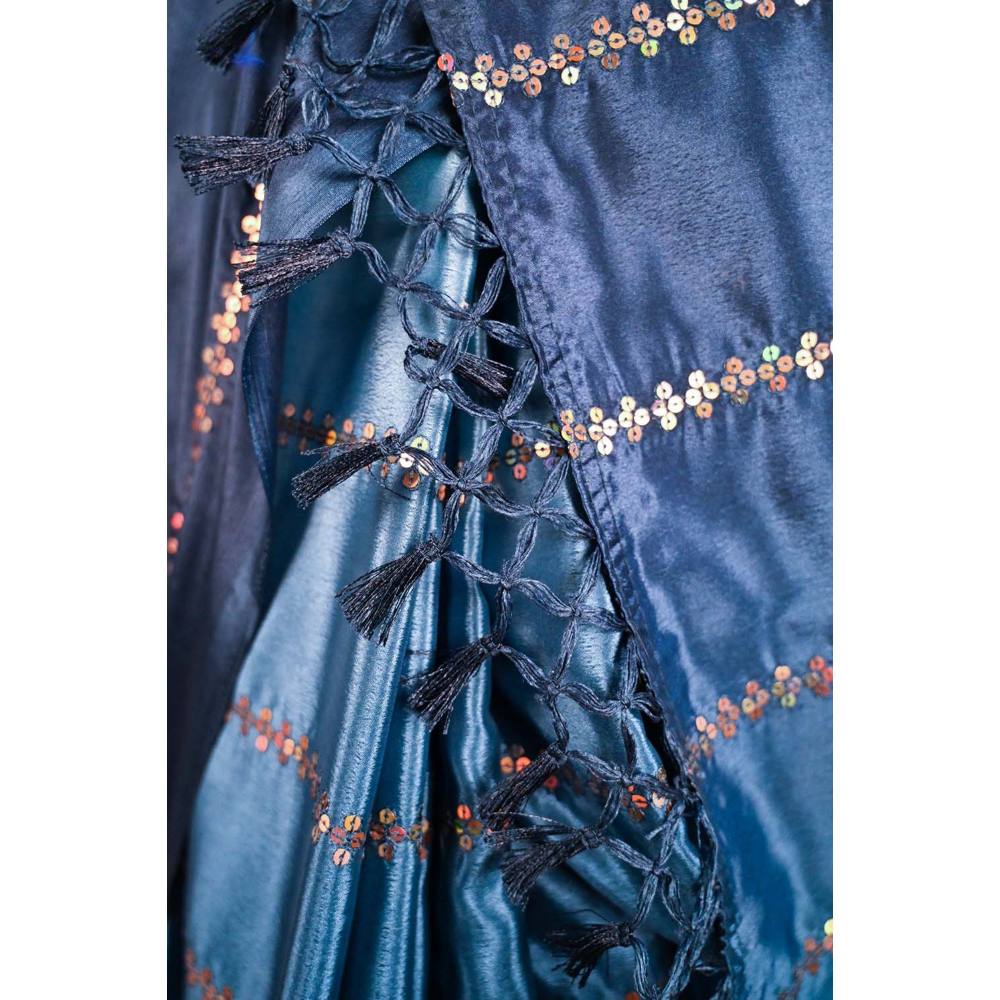 Isadora Life Womens Ombre Sequined Blue Pre-Draped Saree with Unstitched Blouse