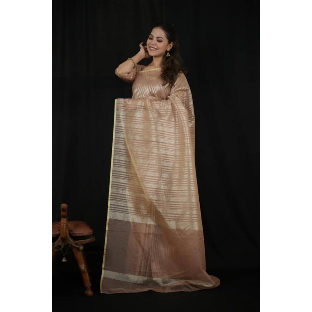 Isadora Life Womens Stripes Zari Beige Pre-Draped Saree with Unstitched Blouse