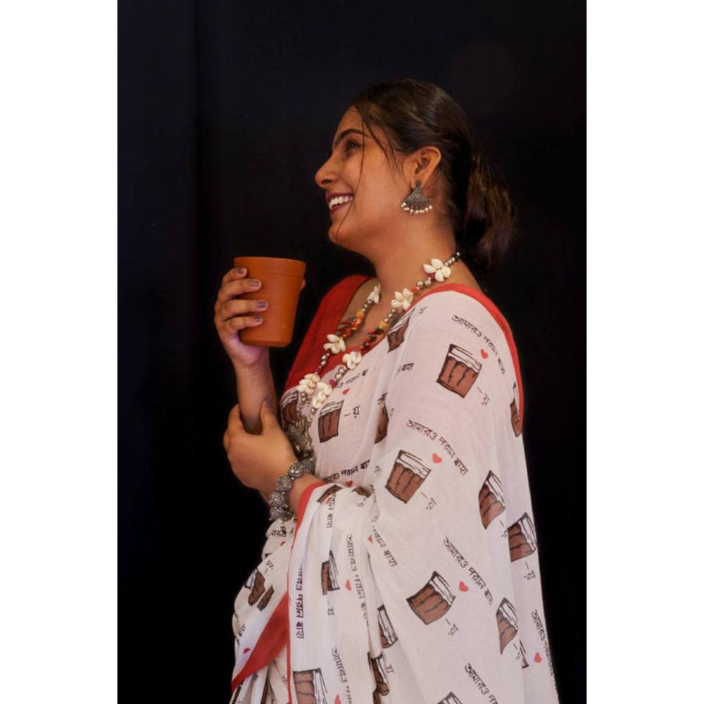 Isadora Life Womens Printed White Pre-Draped Saree with Unstitched Blouse