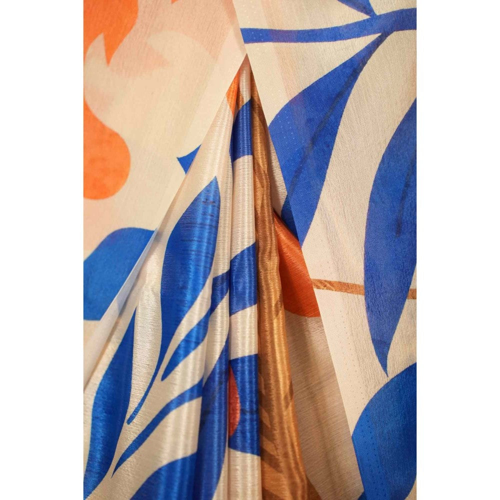 Isadora Life Womens Printed Orange Pre-Draped Saree with Unstitched Blouse