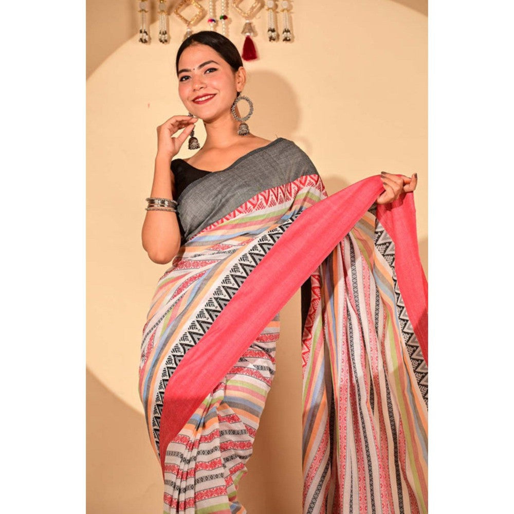 Isadora Life Womens Striped Printed Multi-Color Pre-Draped Saree with Unstitched Blouse