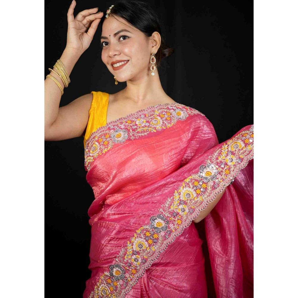 Isadora Life Pink Floral Pre-draped Saree With Unstitched Blouse