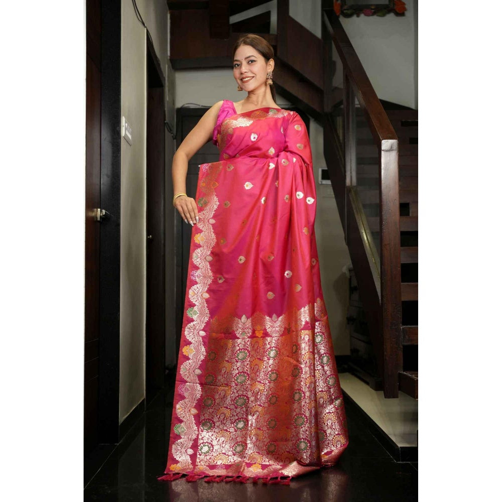 Isadora Life Red Solid/Plain Pre-draped Saree With Unstitched Blouse
