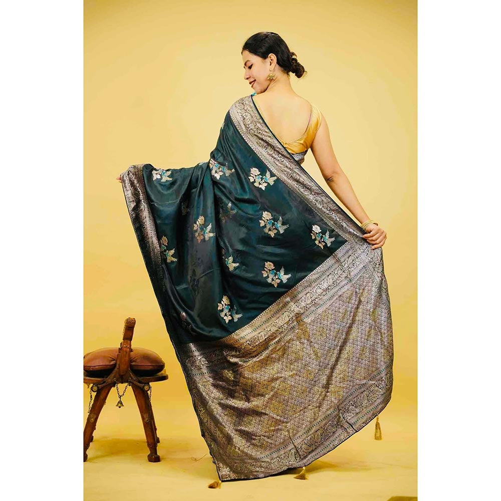 Isadora Life Teal Embroidered Pre-Draped Saree with Unstitched Blouse