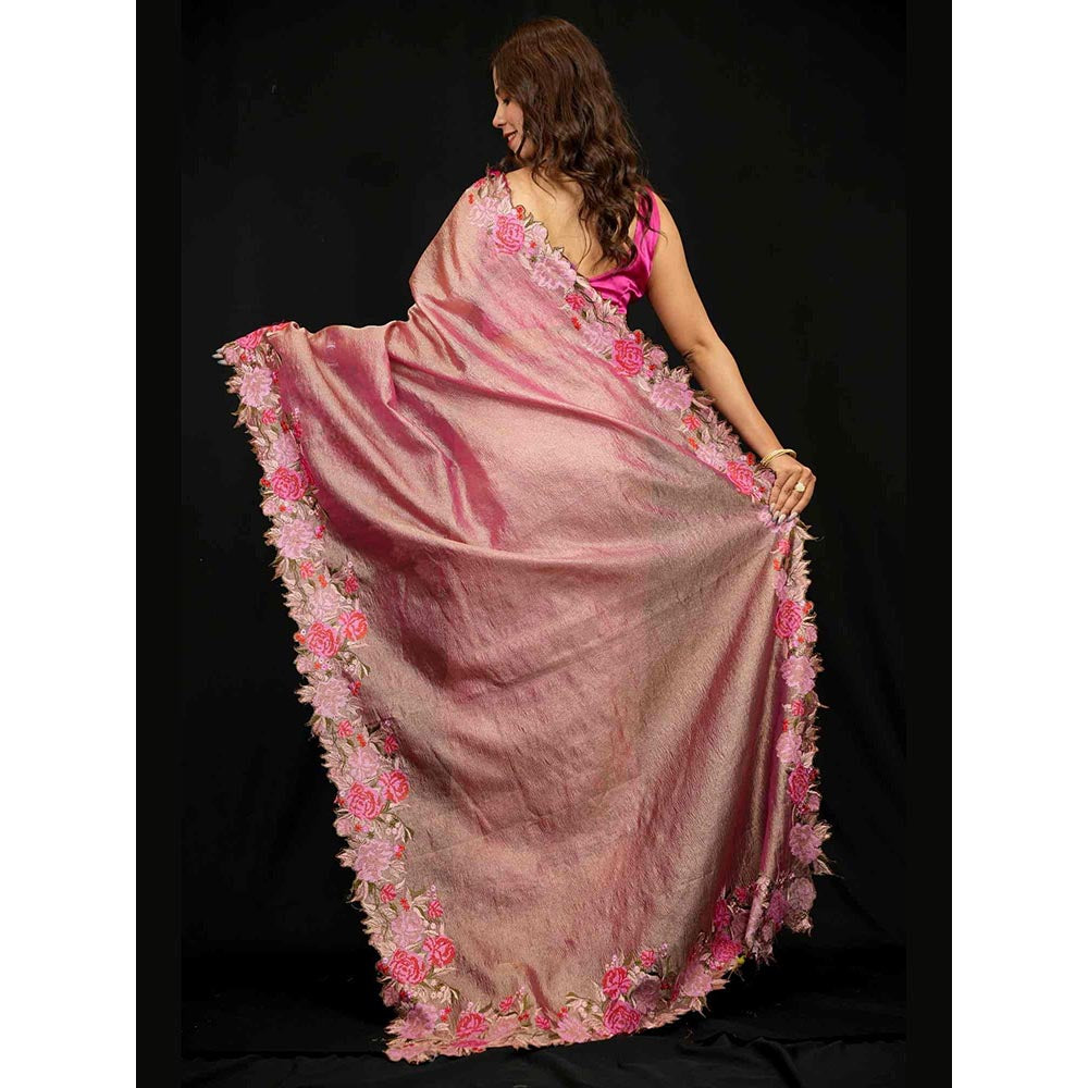 Isadora Life Peach Embroidered Pre-Draped Saree with Unstitched Blouse