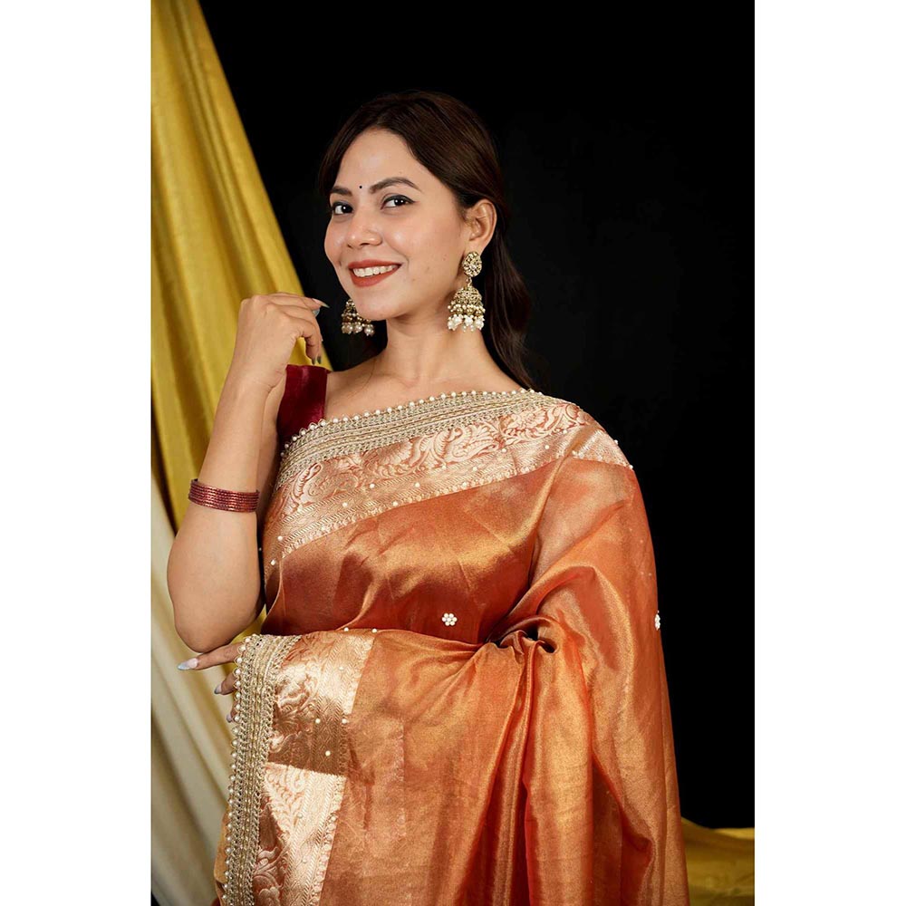 Isadora Life Orange Embroidered Pre-Draped Saree with Unstitched Blouse