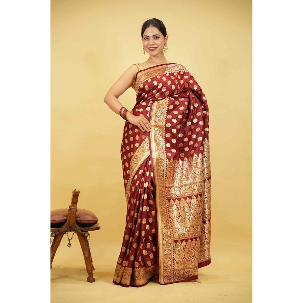 Isadora Life Maroon Floral Pre-Draped Saree with Unstitched Blouse