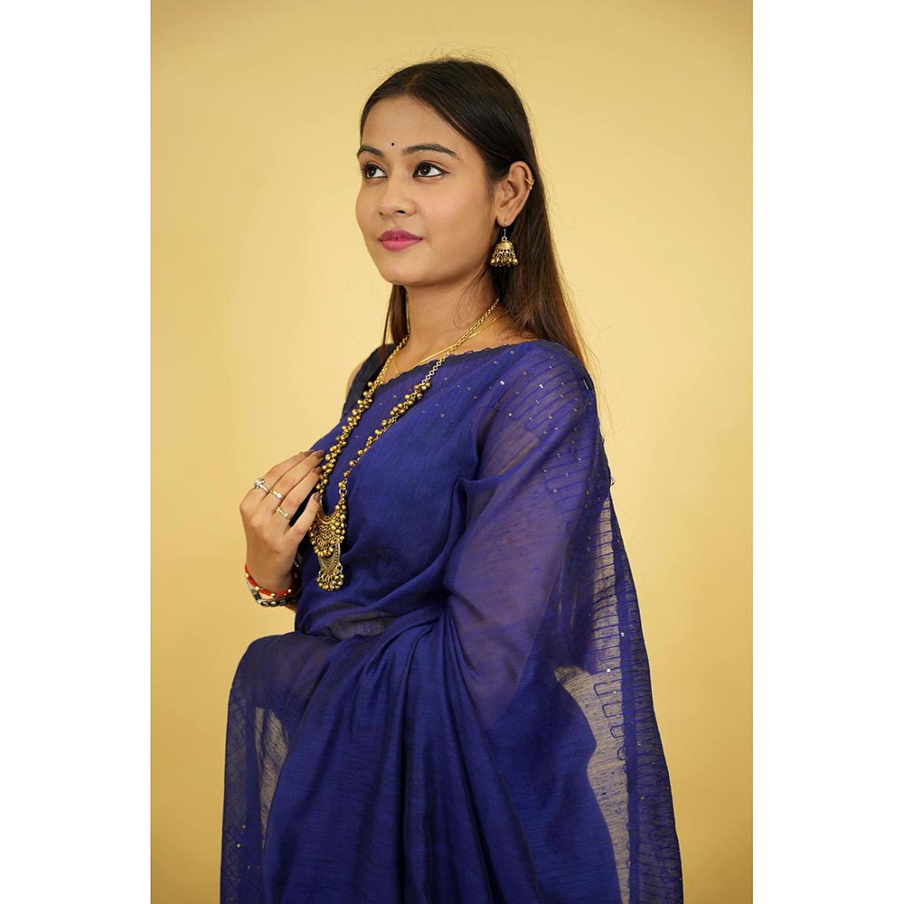 Isadora Life Blue Embellished/Sequined Pre-Draped Saree with Unstitched Blouse