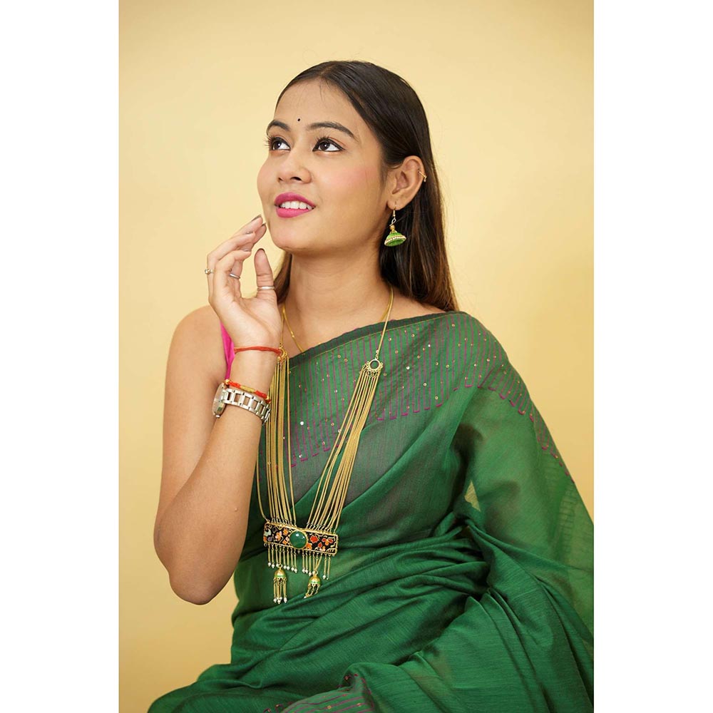 Isadora Life Green Floral Pre-Draped Saree with Unstitched Blouse