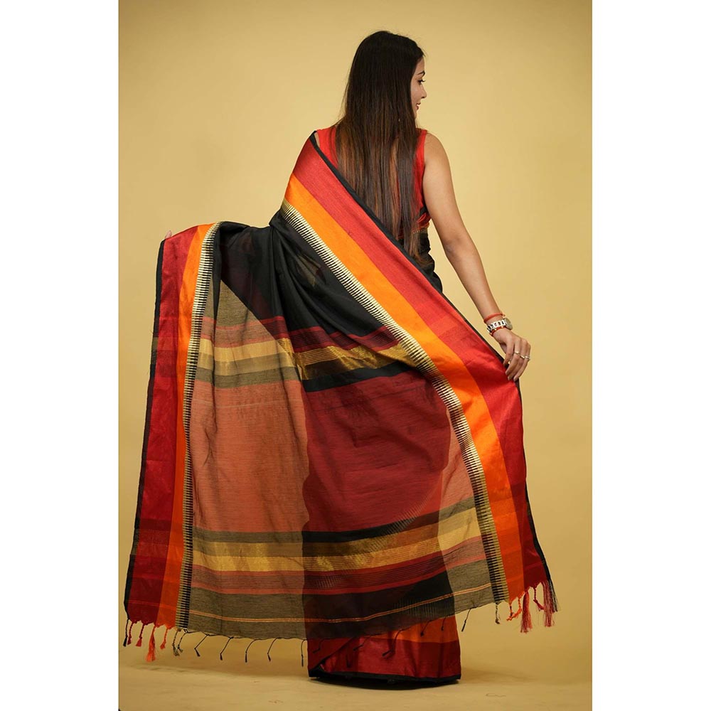 Isadora Life Black Stripes Pre-Draped Saree with Unstitched Blouse