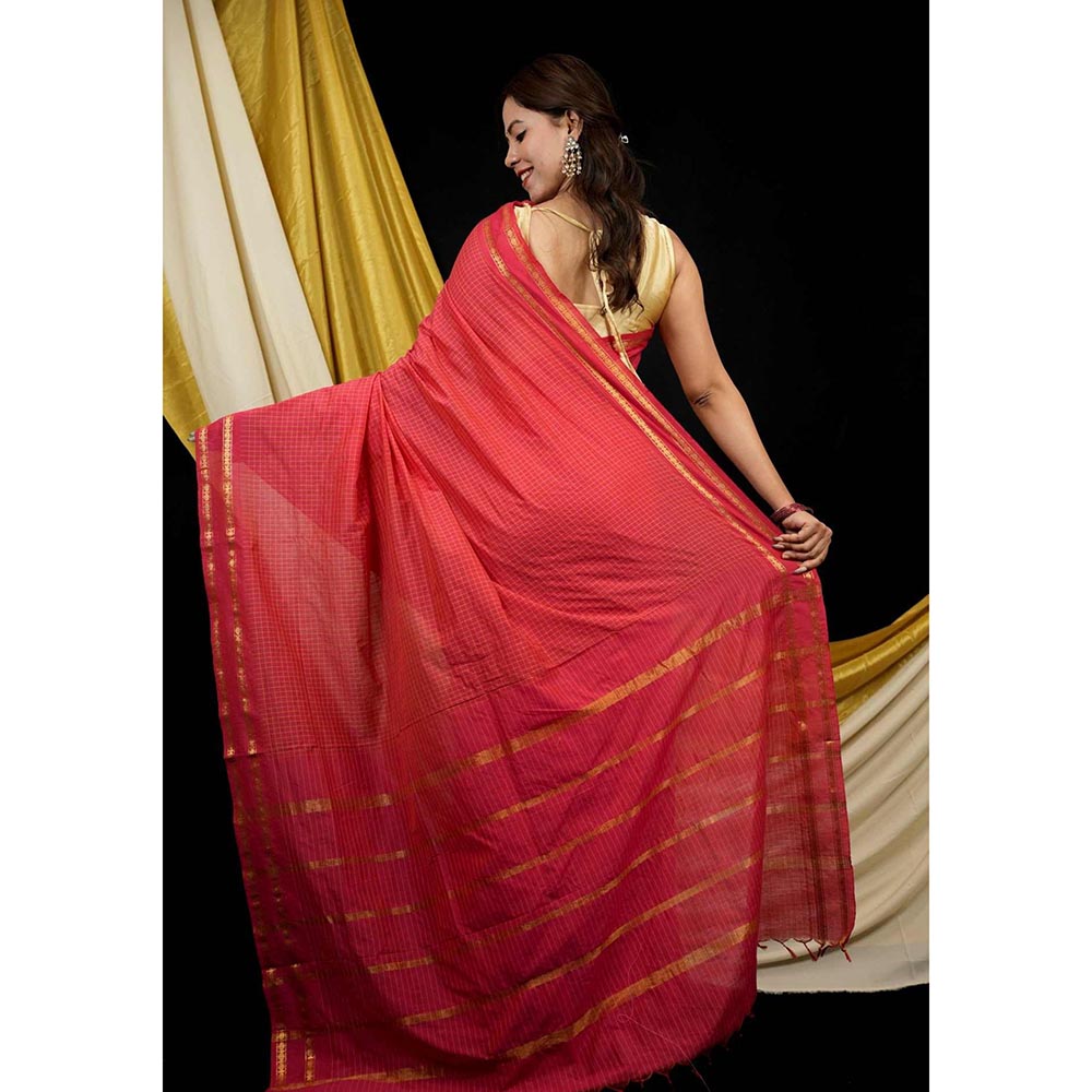 Isadora Life Red Checks Pre-Draped Saree with Unstitched Blouse