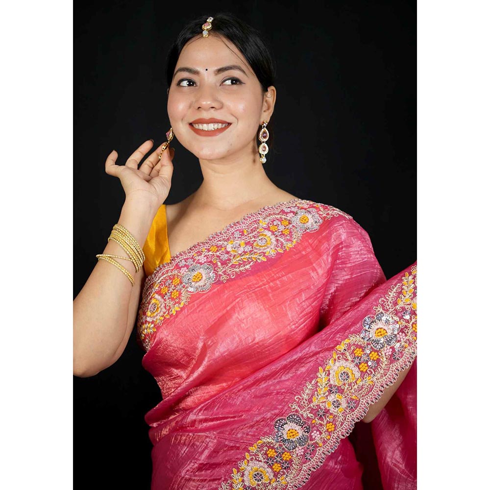 Isadora Life Pink Floral Pre-Draped Saree with Unstitched Blouse