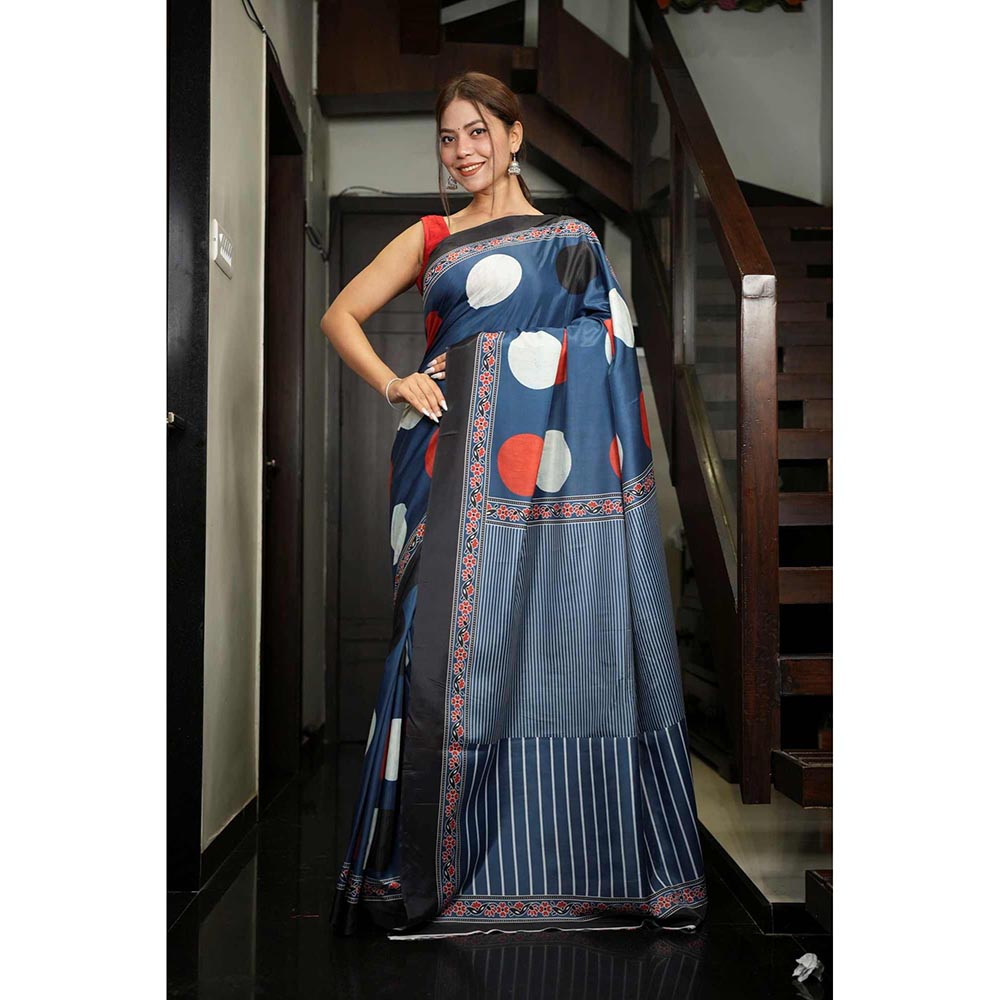 Isadora Life Blue Printed Pre-Draped Saree with Unstitched Blouse