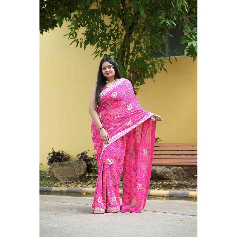 Isadora Life Pink Printed Pre-Draped Saree with Unstitched Blouse