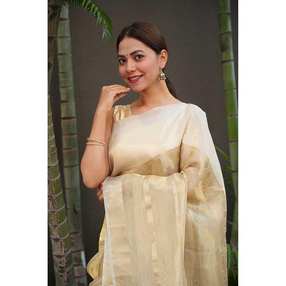 Isadora Life Gold Woven Pre-Draped Saree with Unstitched Blouse