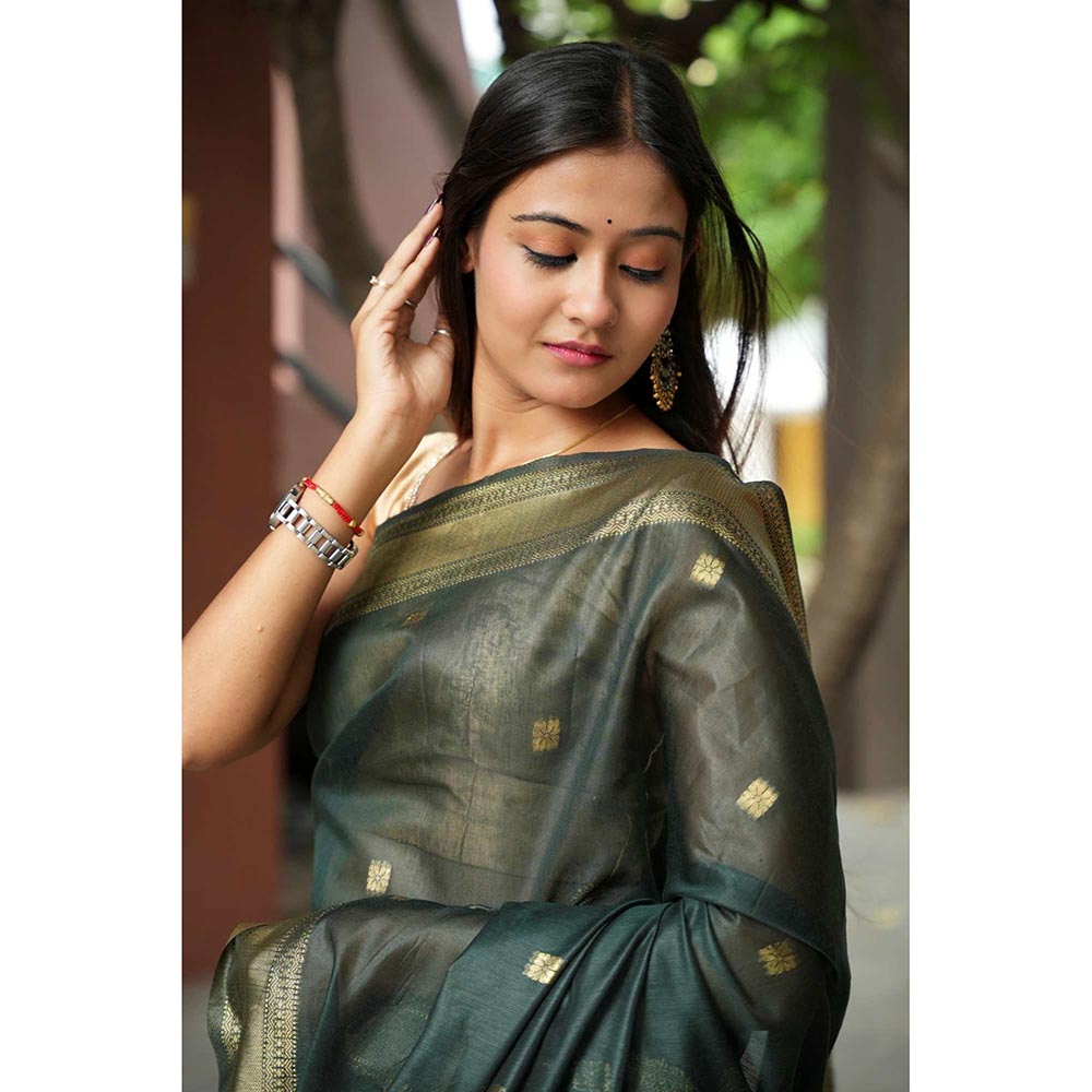 Isadora Life Green Woven Pre-Draped Saree with Unstitched Blouse