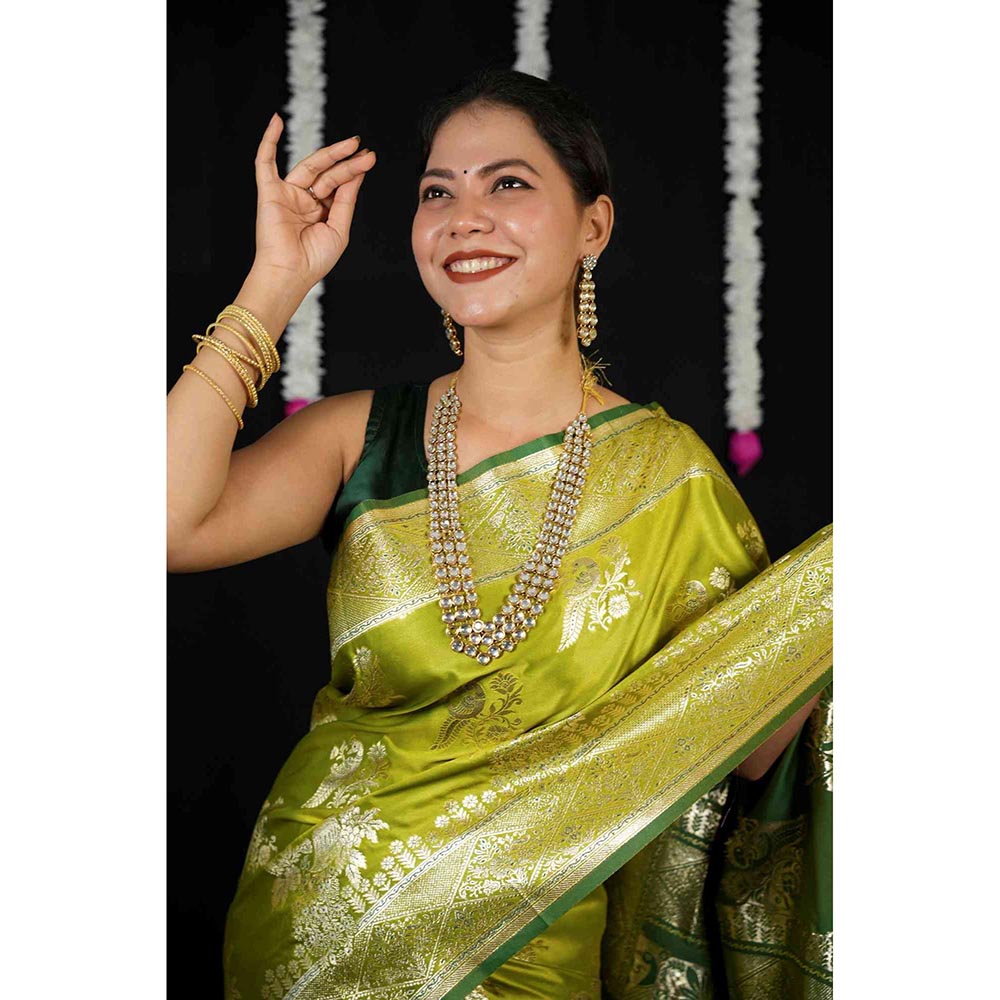 Isadora Life Green Floral Pre-Draped Saree with Unstitched Blouse