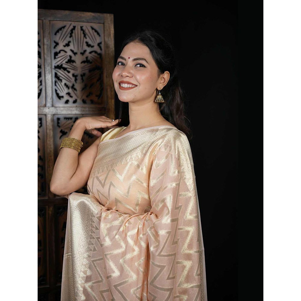 Isadora Life Beige Geometric Pre-Draped Saree with Unstitched Blouse