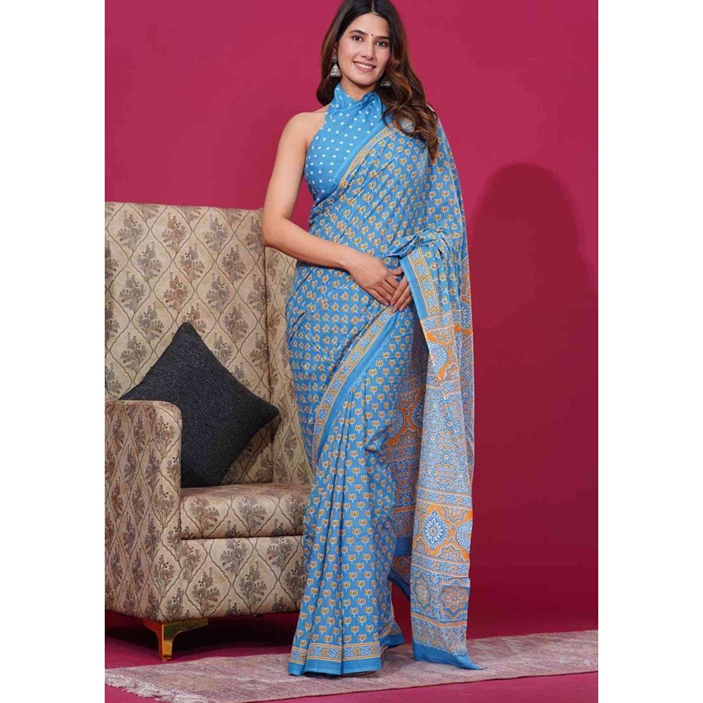 Isadora Life Blue Floral Pre-Draped Saree with Unstitched Blouse