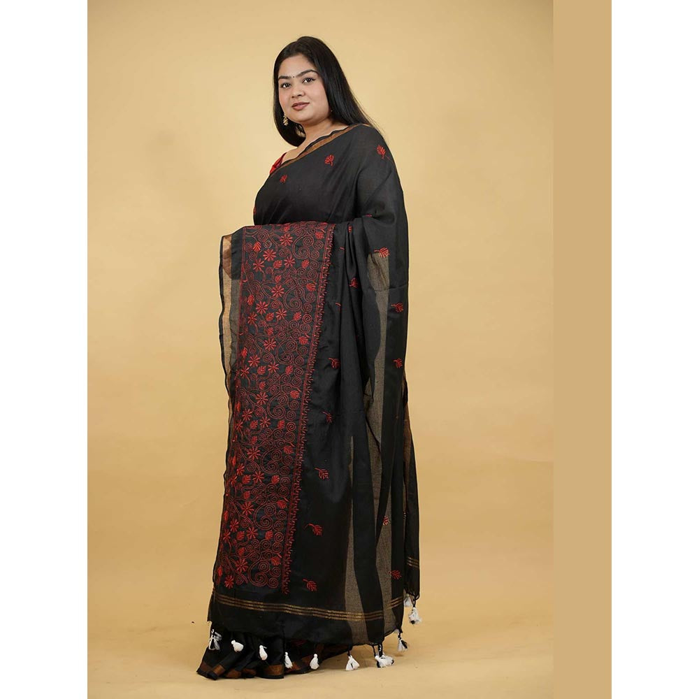 Isadora Life Black Embroidered Pre-Draped Saree with Unstitched Blouse
