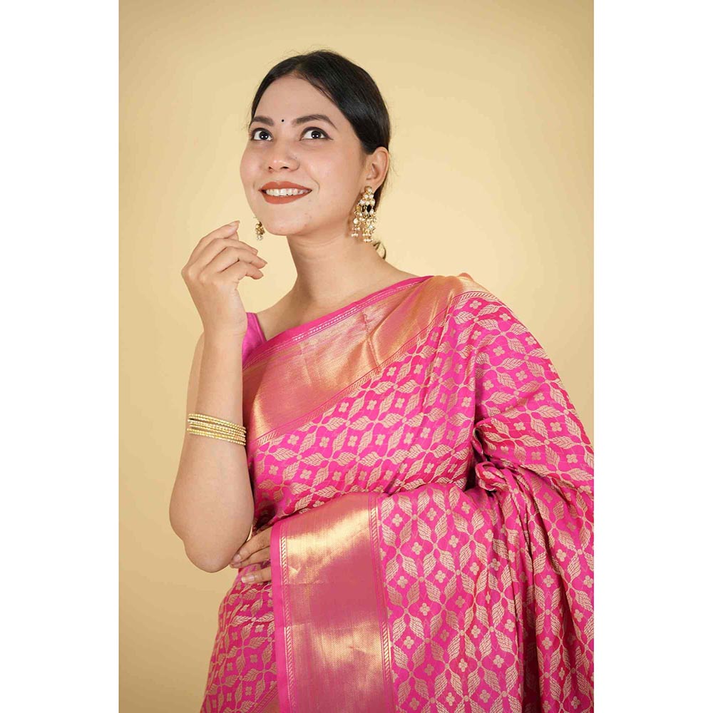 Isadora Life Pink Floral Pre-Draped Saree with Unstitched Blouse