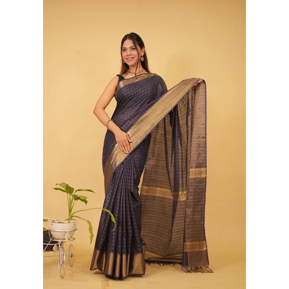 Isadora Life Black Checks Pre-Draped Saree with Unstitched Blouse