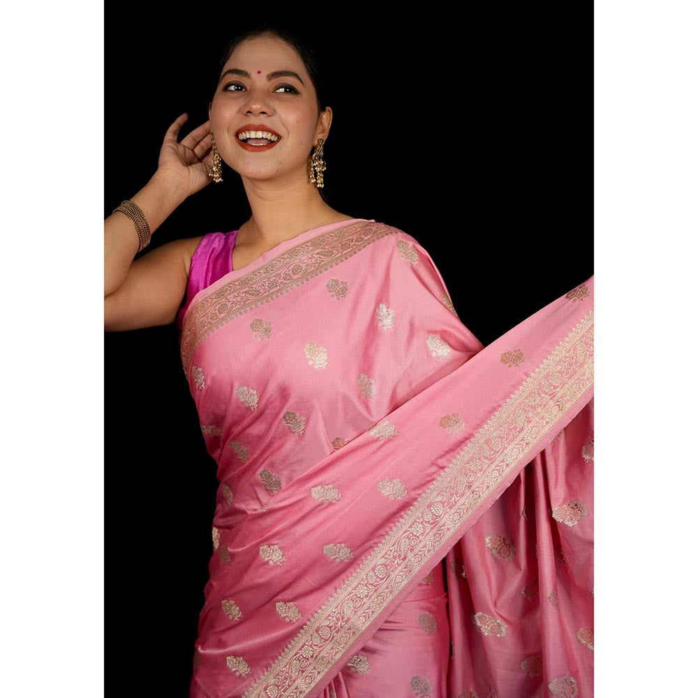 Isadora Life Pink Floral Pre-Draped Saree with Unstitched Blouse