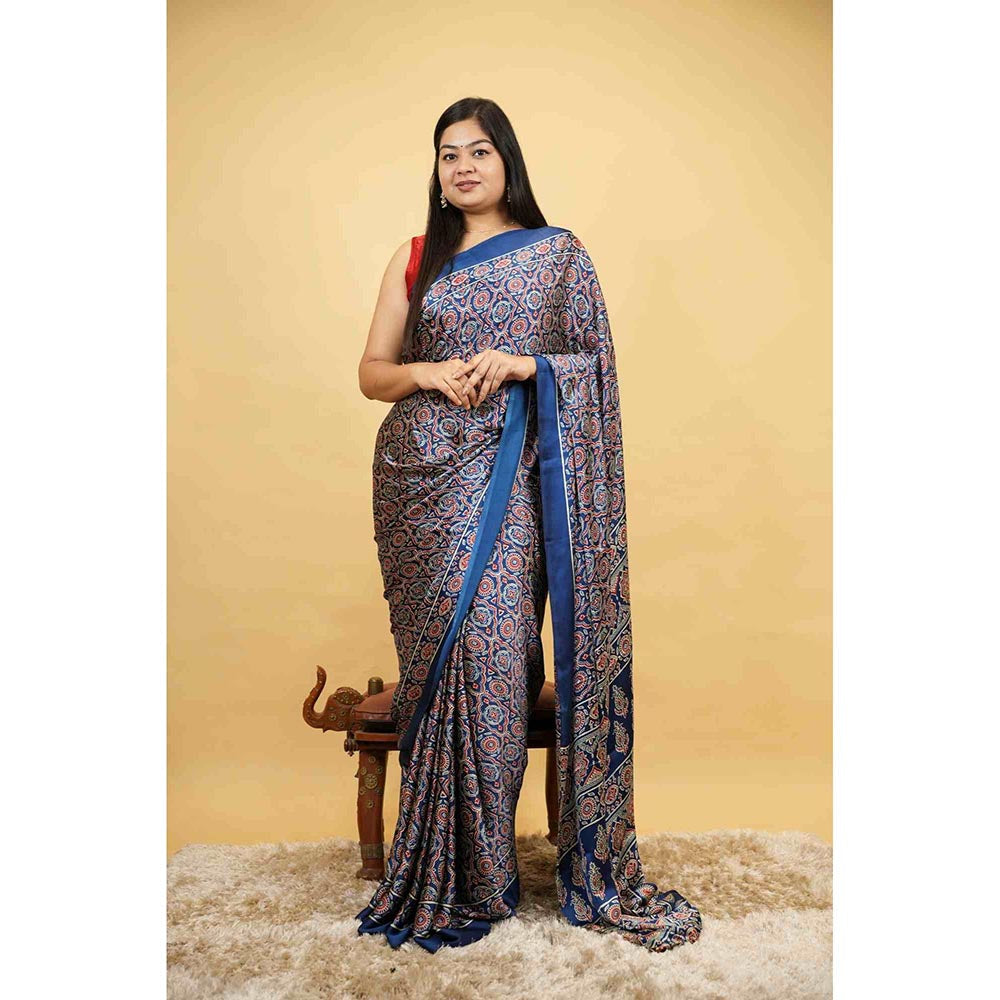 Isadora Life Blue Printed Pre-Draped Saree with Unstitched Blouse