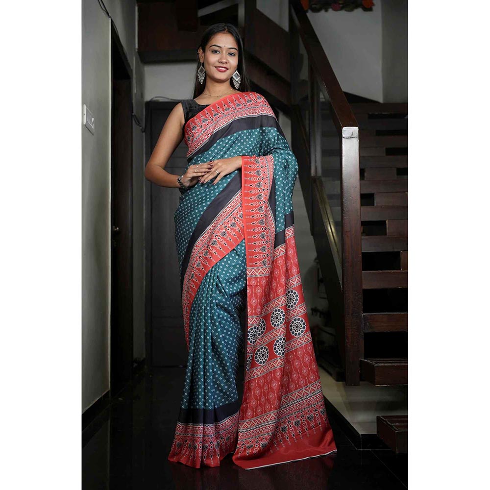 Isadora Life Teal Geometric Pre-Draped Saree with Unstitched Blouse