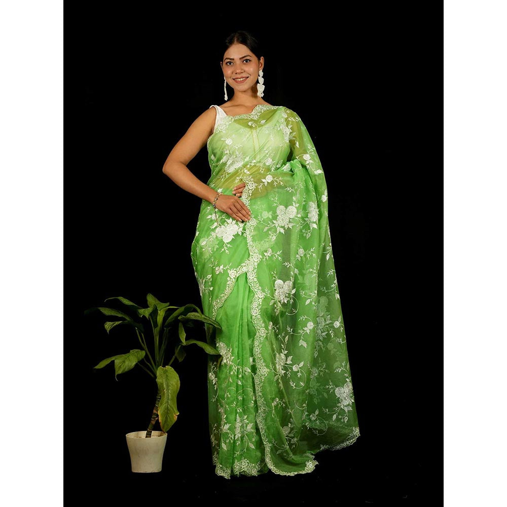 Isadora Life Green Floral Pre-Draped Saree with Unstitched Blouse