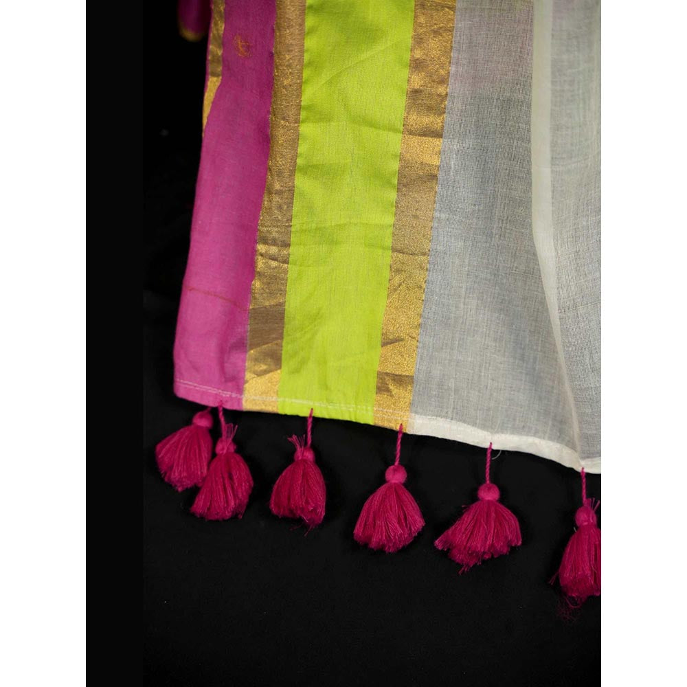 Isadora Life White Stripes Pre-Draped Saree with Unstitched Blouse