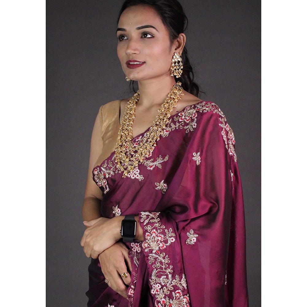 Isadora Life Maroon Embroidered Pre-Draped Saree with Unstitched Blouse