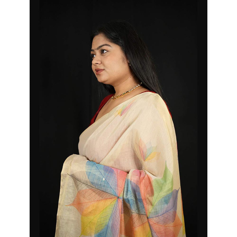 Isadora Life Beige Floral Pre-Draped Saree with Unstitched Blouse