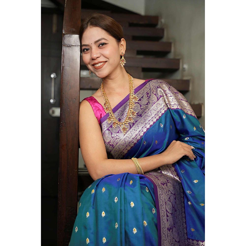 Isadora Life Blue Floral Pre-Draped Saree with Unstitched Blouse