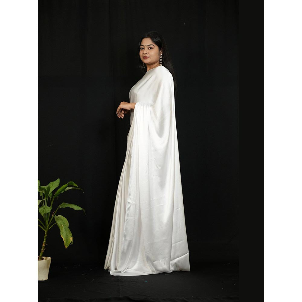 Isadora Life White Solid Pre-Draped Saree with Unstitched Blouse