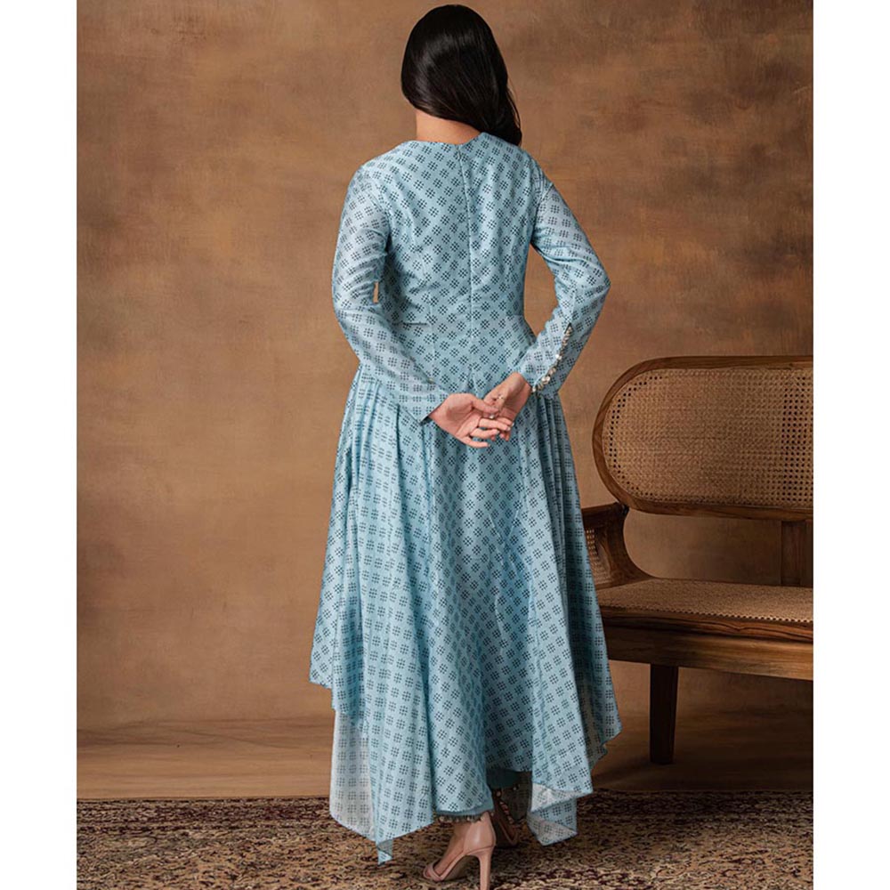 ISHA GUPTA TAYAL Blue Zeenat Chanderi Asymmetric Anarkali and Pant Set