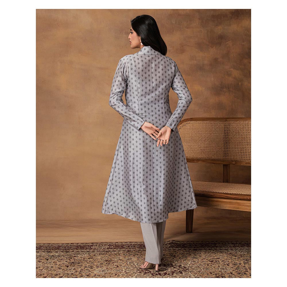 ISHA GUPTA TAYAL Grey Chaand Printed Booti Chanderi Jacket Style Kurta and Pant Set