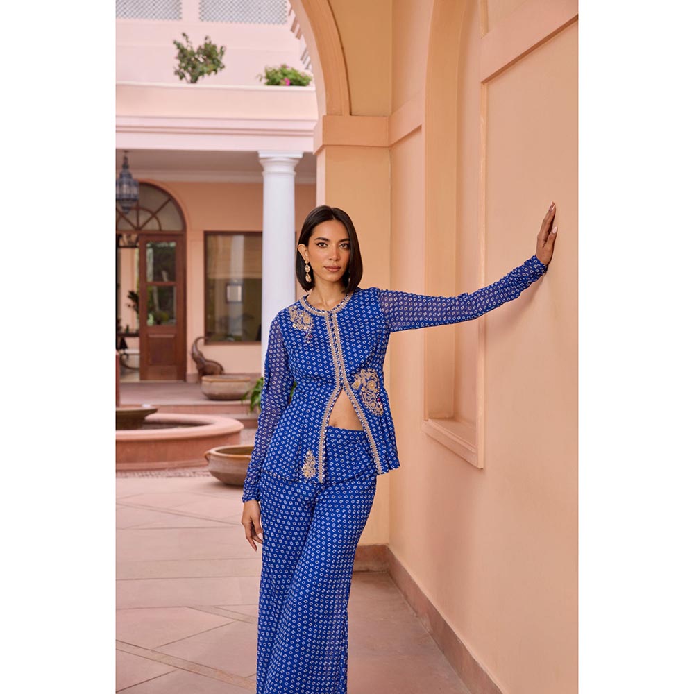 ISHA GUPTA TAYAL Blue Ridha Top and Sharara and Jacket Set