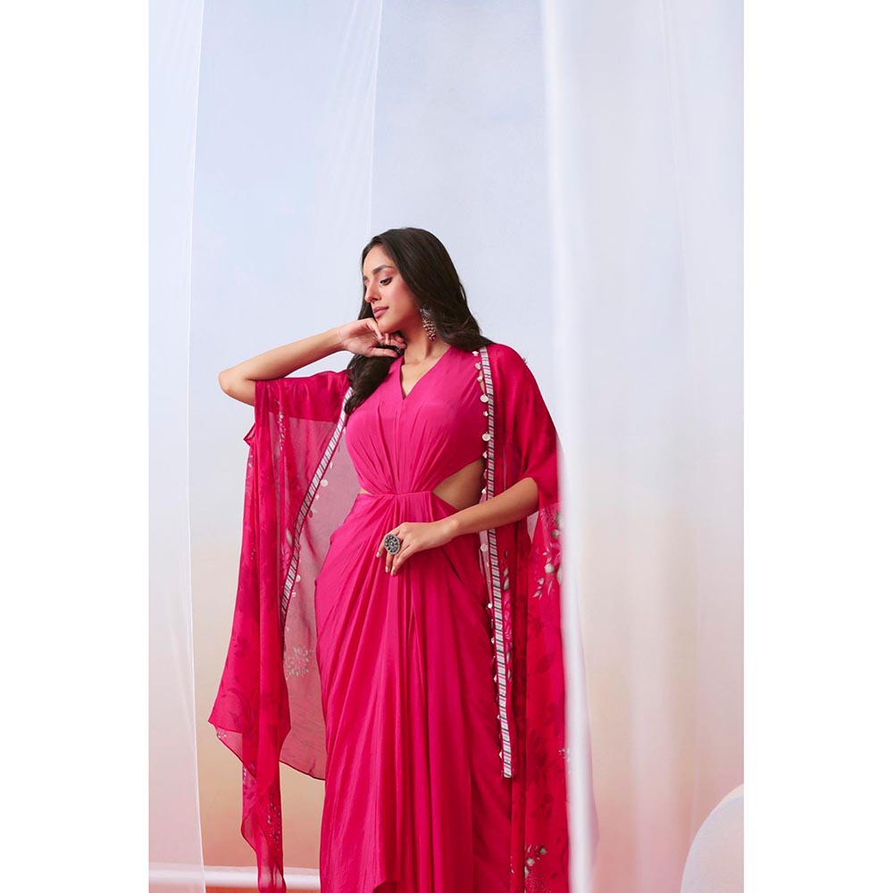 ISHA GUPTA TAYAL Pink drape dress with printed cape jacket