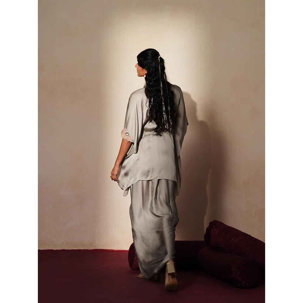 ISHA GUPTA TAYAL Silver Aiyana Top and Skirt Set with Bustier and Belt