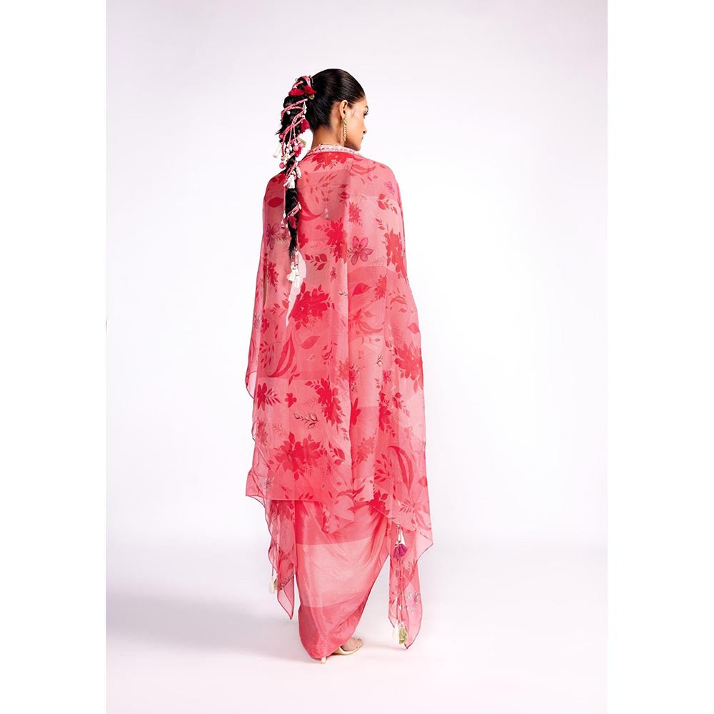 ISHA GUPTA TAYAL Pink Watermelon Drape Dress with Cape Set