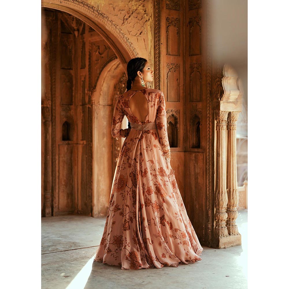 ISHA GUPTA TAYAL Peach Saaz Anarkali Gown and Dupatta with Belt