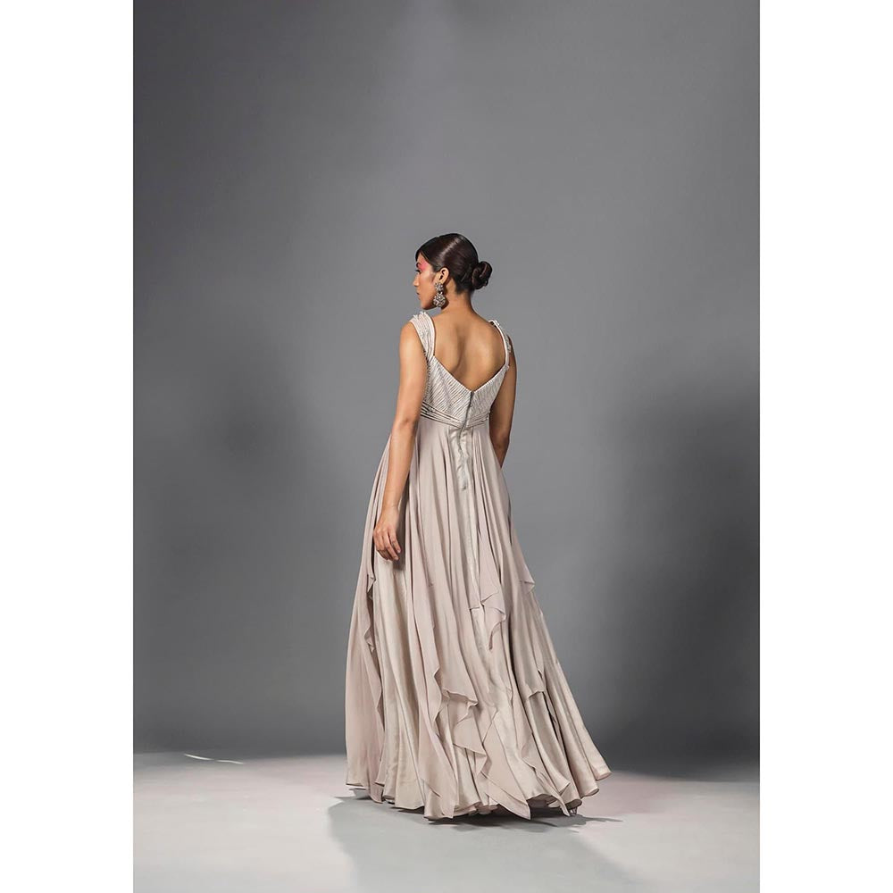 ISHA GUPTA TAYAL Grey Ecru Corded Drape Anarkali Gown and Dupatta