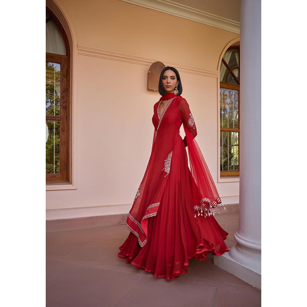 ISHA GUPTA TAYAL Red Gulnar Anarkali Gown and Dupqtta
