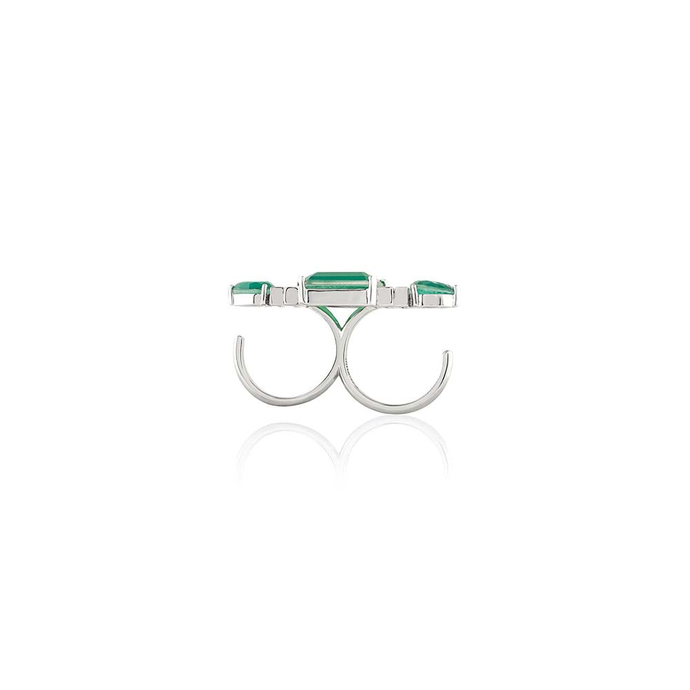 Isharya Emerald Embrace Two-Finger Ring In Rhodium Plating - Green