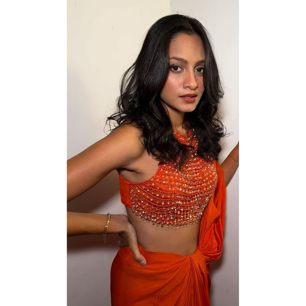 ITRH Naranjas Beaded Predraped Saree with Stitched Blouse